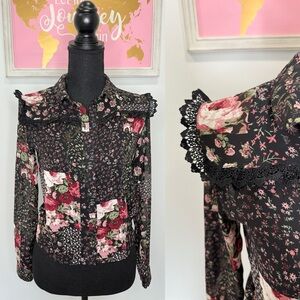 Divided Floral Sheer Black Button Up Blouse (XXS)